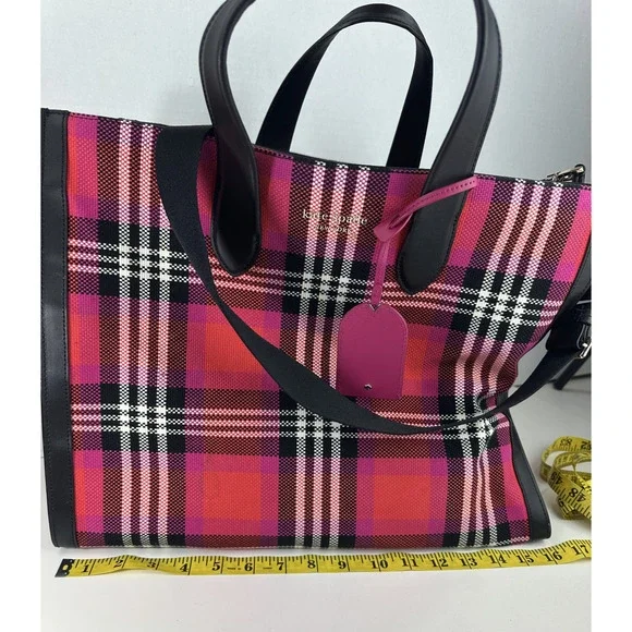 kate spade new york Manhattan Foliage Plaid Fabric Large Tote Bag Pink Multi EUC - Picture 7 of 14